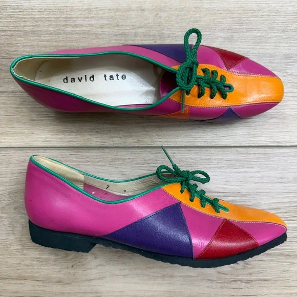 Vintage David Tate Leather Oxfords Colorful Twee Patchwork Lace Up Shoes Size 7N - Picture 1 of 7